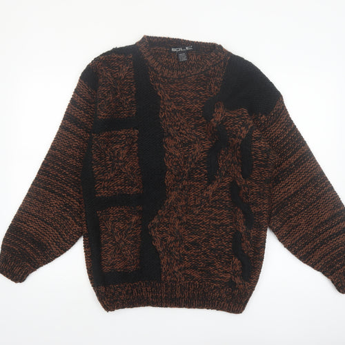 Sole Men's Brown Black Chunky Knit Acrylic Jumper Medium Vintage