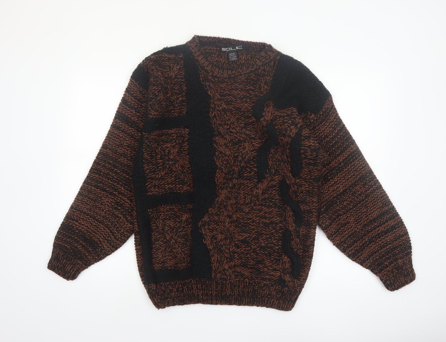 Sole Men's Brown Black Chunky Knit Acrylic Jumper Medium Vintage