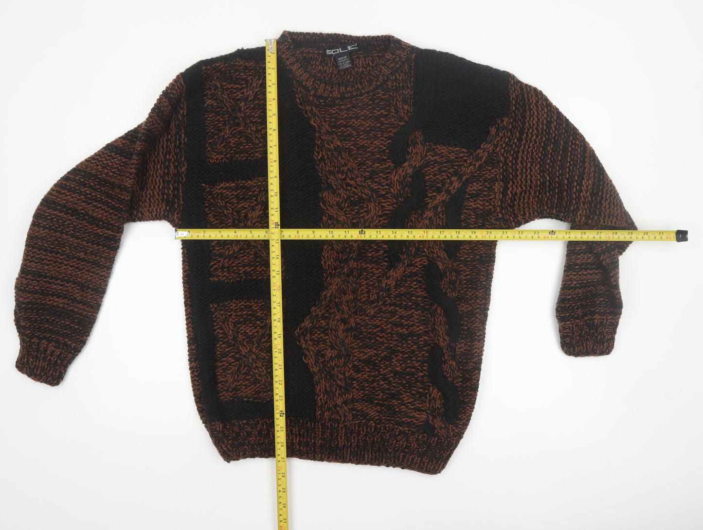 Sole Men's Brown Black Chunky Knit Acrylic Jumper Medium Vintage