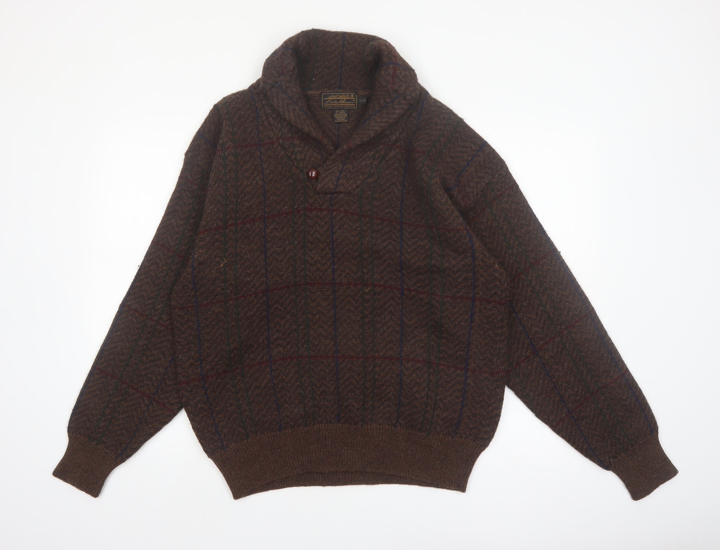 Eddie Bauer Men's Brown Wool Check Pullover Jumper L