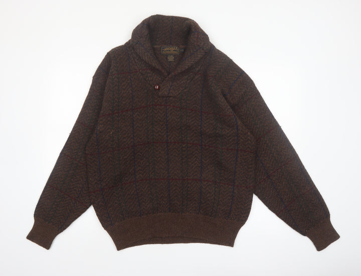Eddie Bauer Men's Brown Wool Check Pullover Jumper L