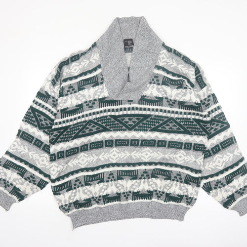 C&A Men’s Grey Geometric Knit Shawl Pullover Jumper XL Vintage