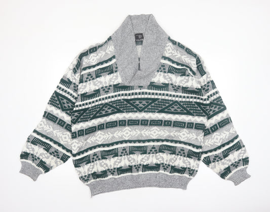 C&A Men’s Grey Geometric Knit Shawl Pullover Jumper XL Vintage