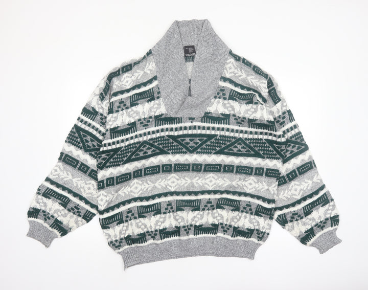 C&A Men’s Grey Geometric Knit Shawl Pullover Jumper XL Vintage