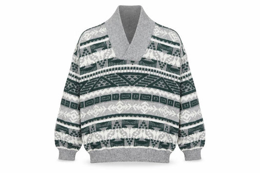 Front view of C&A Men’s Grey Geometric Knit Shawl jumper XL Vintage