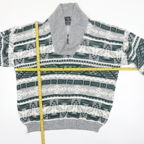 C&A Men’s Grey Geometric Knit Shawl Pullover Jumper XL Vintage