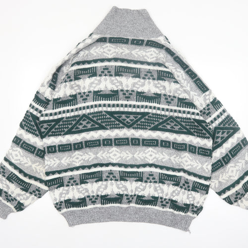 C&A Men’s Grey Geometric Knit Shawl Pullover Jumper XL Vintage