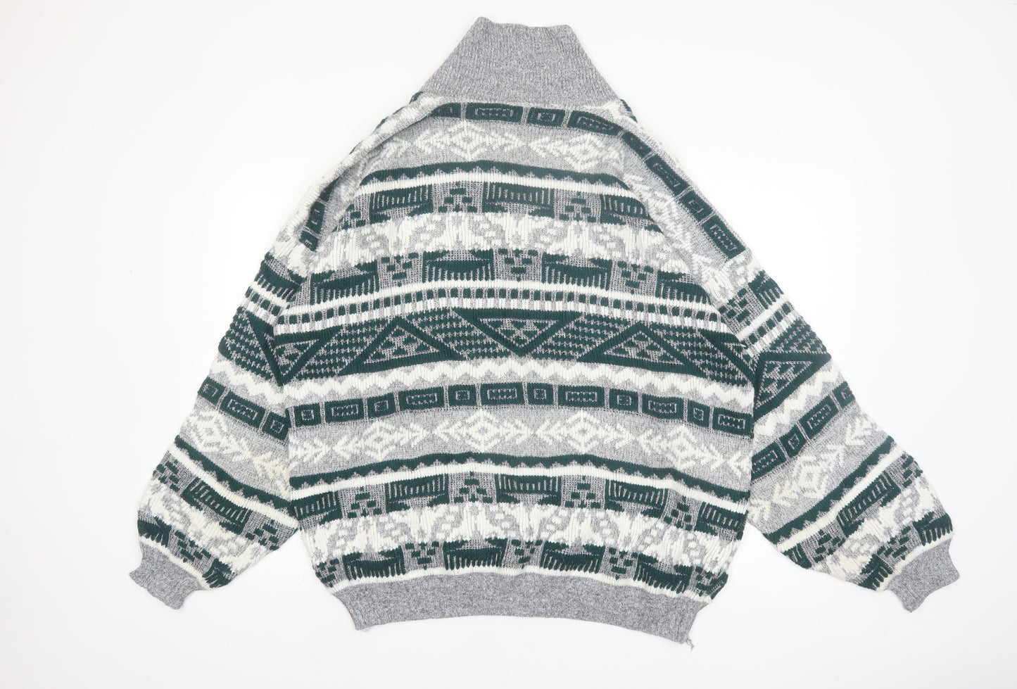 C&A Men’s Grey Geometric Knit Shawl Pullover Jumper XL Vintage