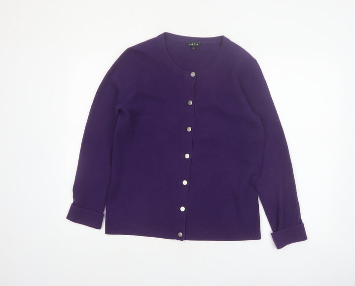 Jaeger Women Purple Wool Cashmere Cardigan M Crew Neck Jumper
