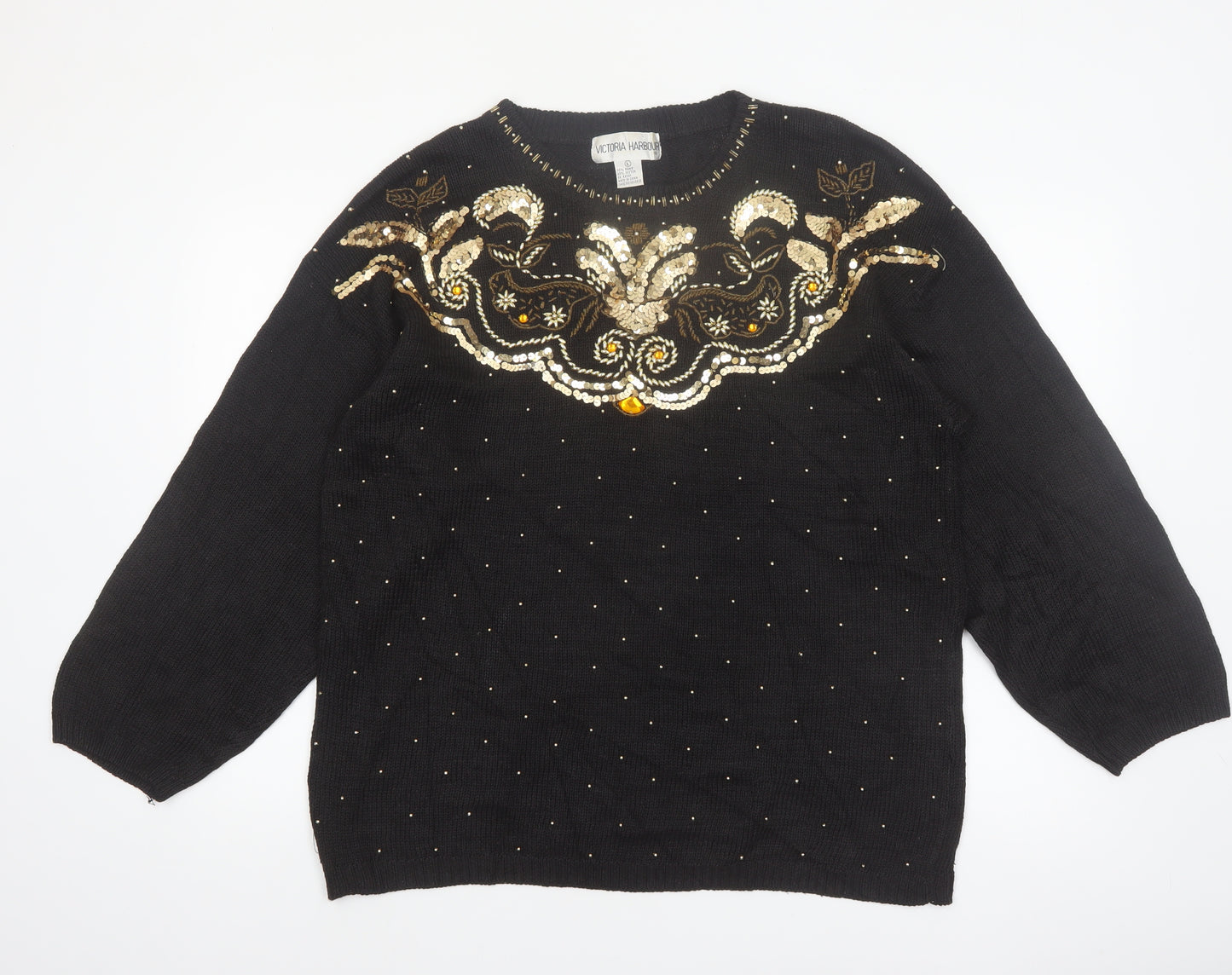 Victoria Harbour Women’s Black Sequin Embroidered Jumper L Classic Retro