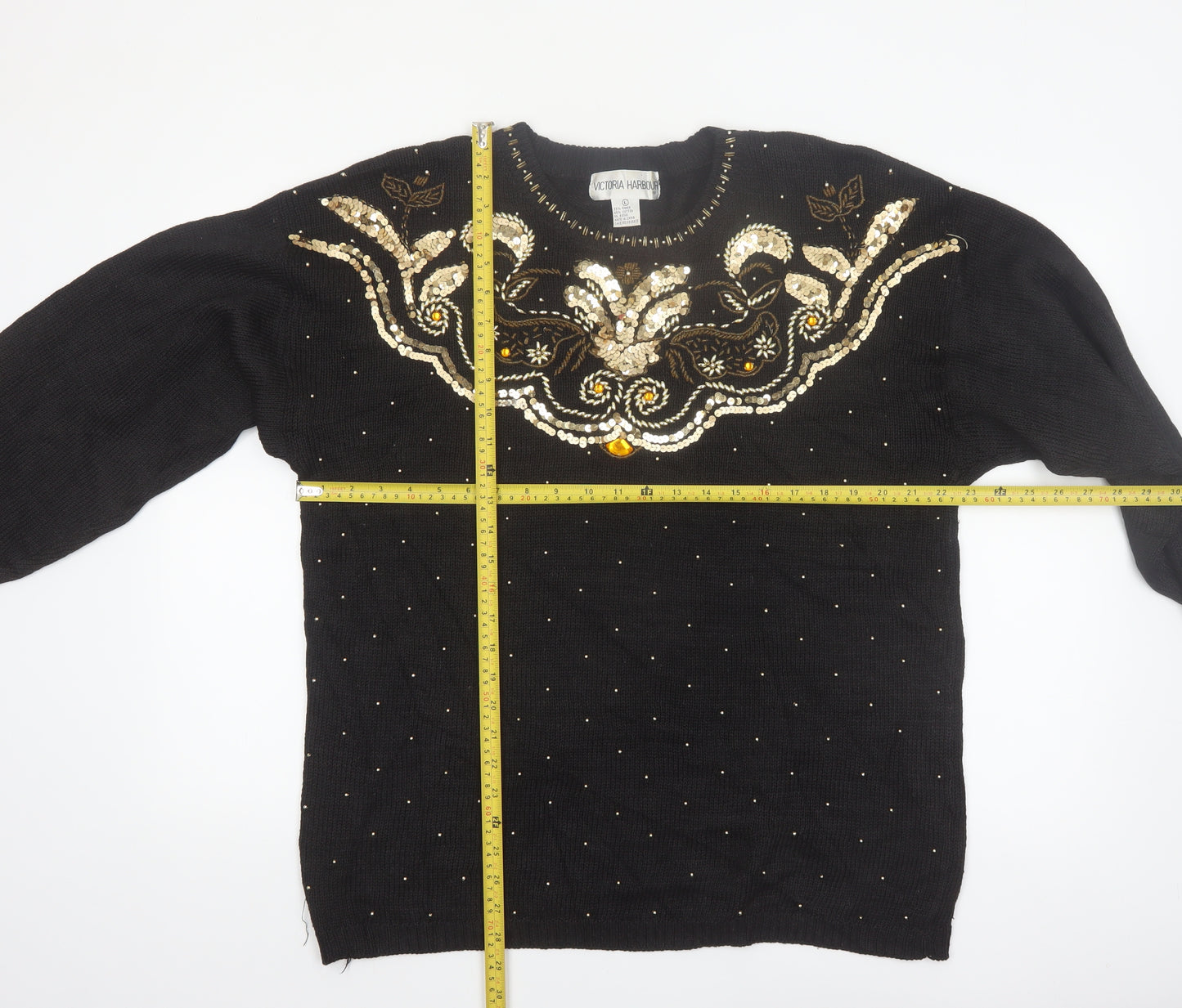 Victoria Harbour Women’s Black Sequin Embroidered Jumper L Classic Retro