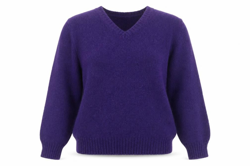 Front view of Daniel Cremieux Women's Purple Wool V-Neck Jumper, size L
