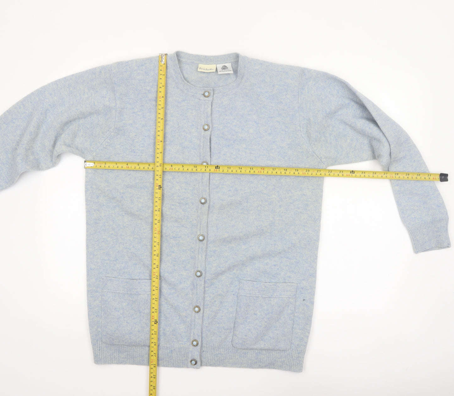 Isabelle Women's Blue Lambswool Crew Neck Button Cardigan Size S