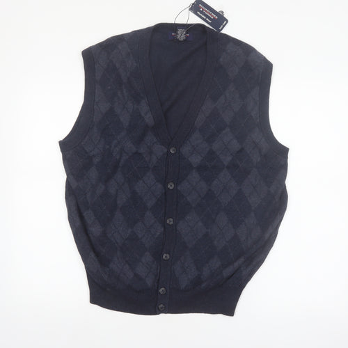 Roundtree & Yorke Men's Blue Argyle Sleeveless Cardigan Vest L