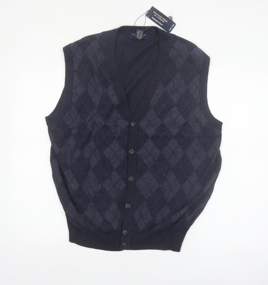 Roundtree & Yorke Men's Blue Argyle Sleeveless Cardigan Vest L