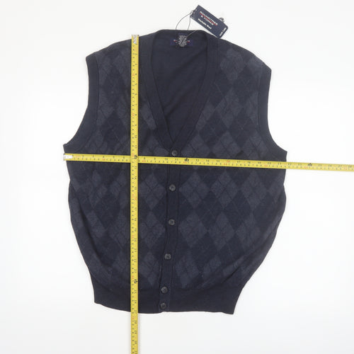 Roundtree & Yorke Men's Blue Argyle Sleeveless Cardigan Vest L