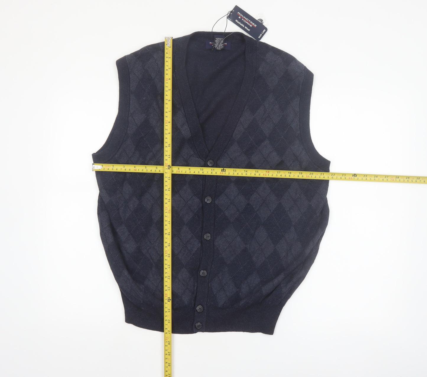 Roundtree & Yorke Men's Blue Argyle Sleeveless Cardigan Vest L