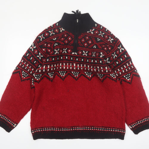 Jones New York Women Red Fair Isle Wool Blend 1/4 Zip Petite Jumper M