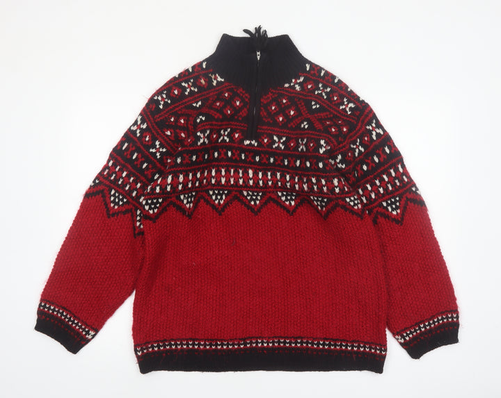 Jones New York Women Red Fair Isle Wool Blend 1/4 Zip Petite Jumper M