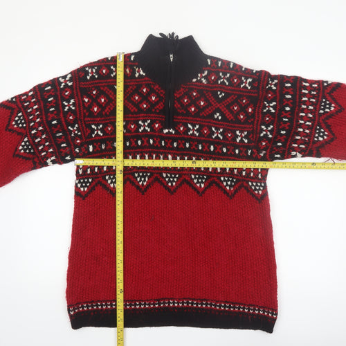 Jones New York Women Red Fair Isle Wool Blend 1/4 Zip Petite Jumper M