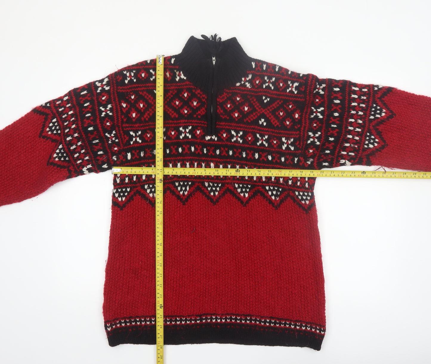 Jones New York Women Red Fair Isle Wool Blend 1/4 Zip Petite Jumper M