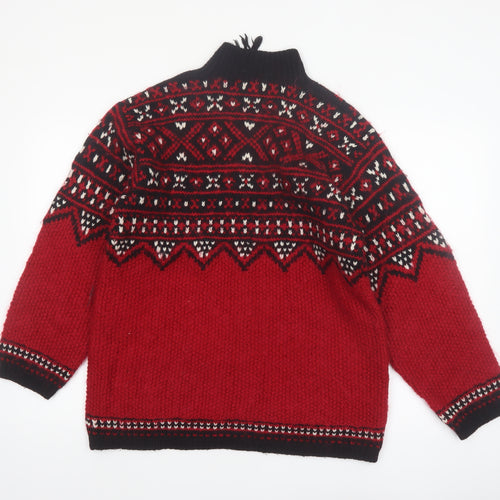 Jones New York Women Red Fair Isle Wool Blend 1/4 Zip Petite Jumper M