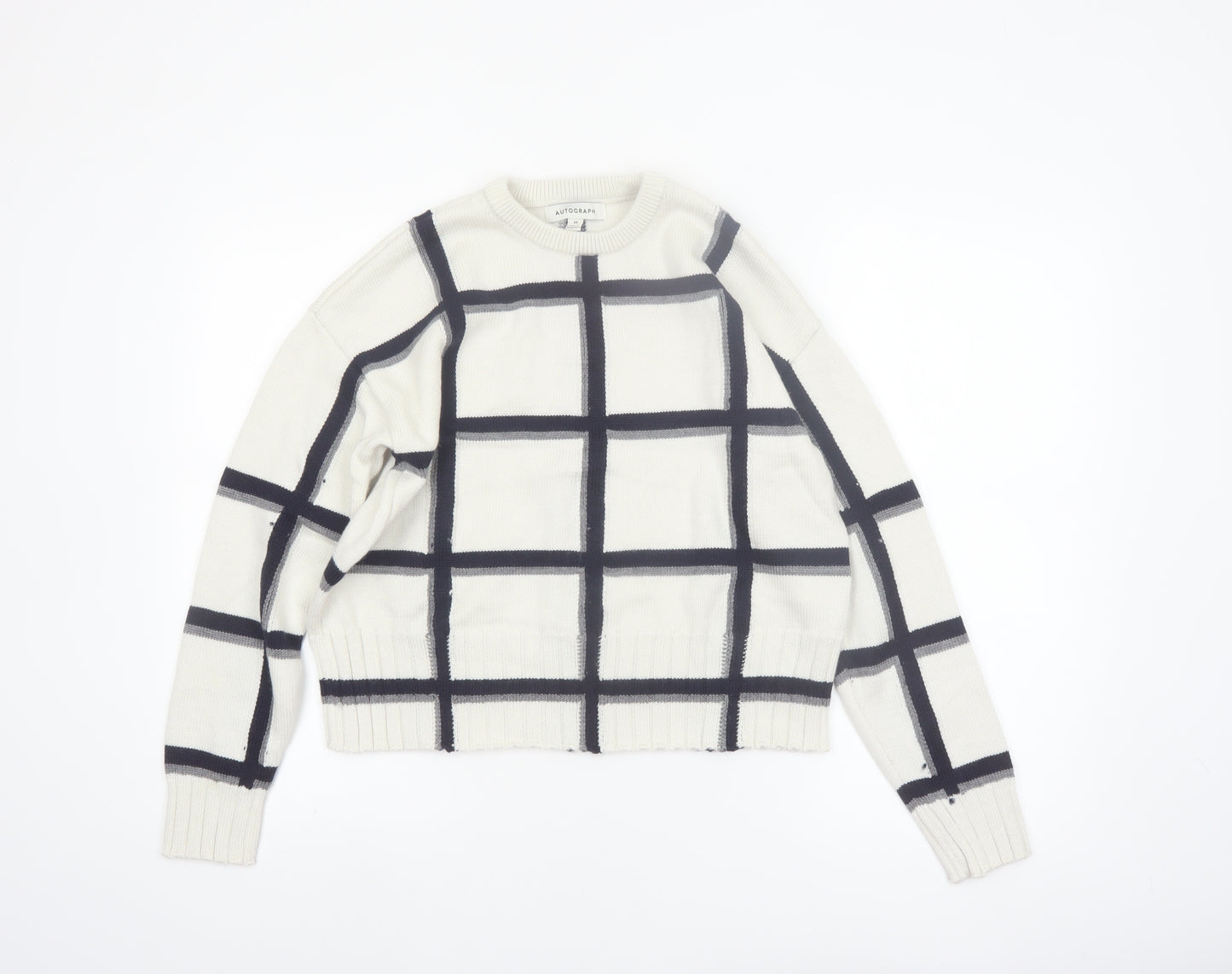 Marks and Spencer Women Ivory Check Merino Wool Jumper M