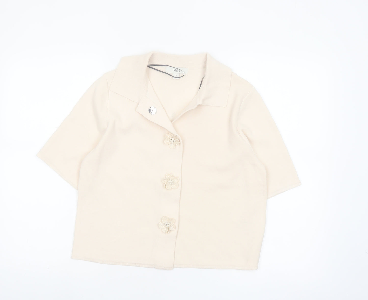 Marks and Spencer Women’s Beige Knit Collared Short Sleeve Cardigan M