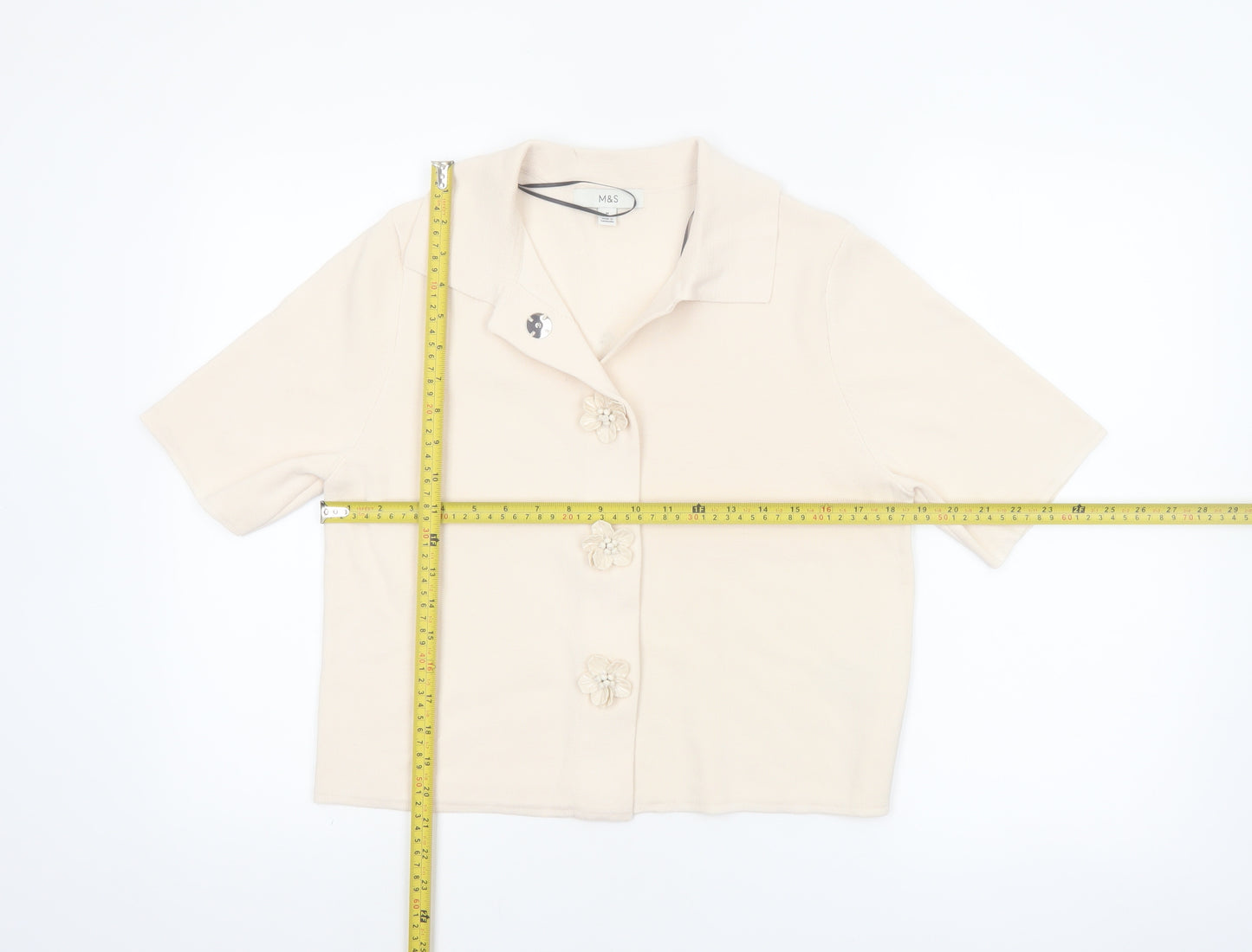 Marks and Spencer Women’s Beige Knit Collared Short Sleeve Cardigan M
