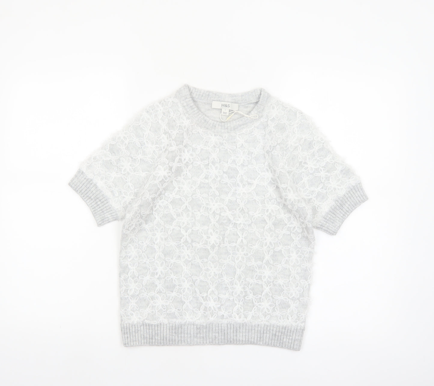 Marks and Spencer Women’s Grey Short Sleeve Floral Knit Jumper S