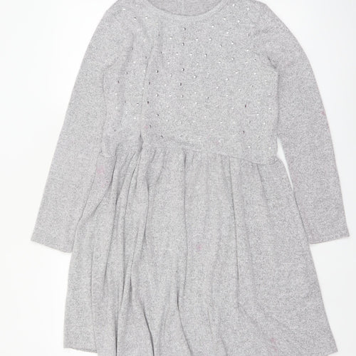 Zara Women Grey Long Sleeve Skater Dress Size M - Beaded Knit