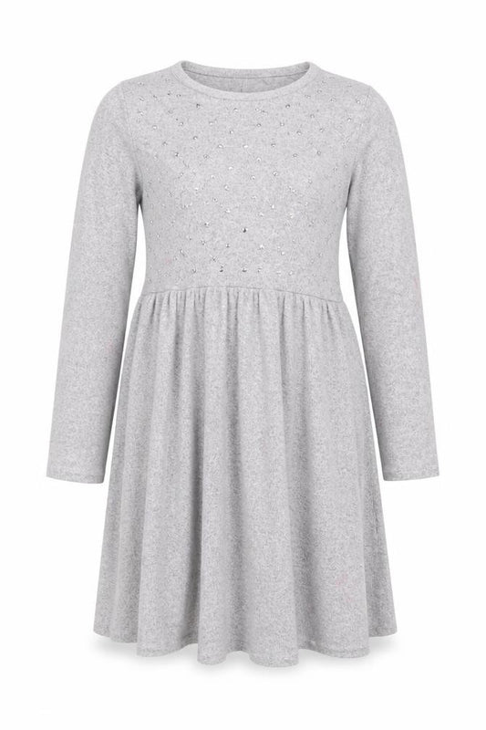 Front view of Zara Women Grey Long Sleeve Skater Dress, size M, - Beaded Knit