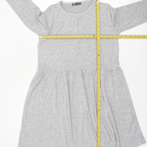 Zara Women Grey Long Sleeve Skater Dress Size M - Beaded Knit