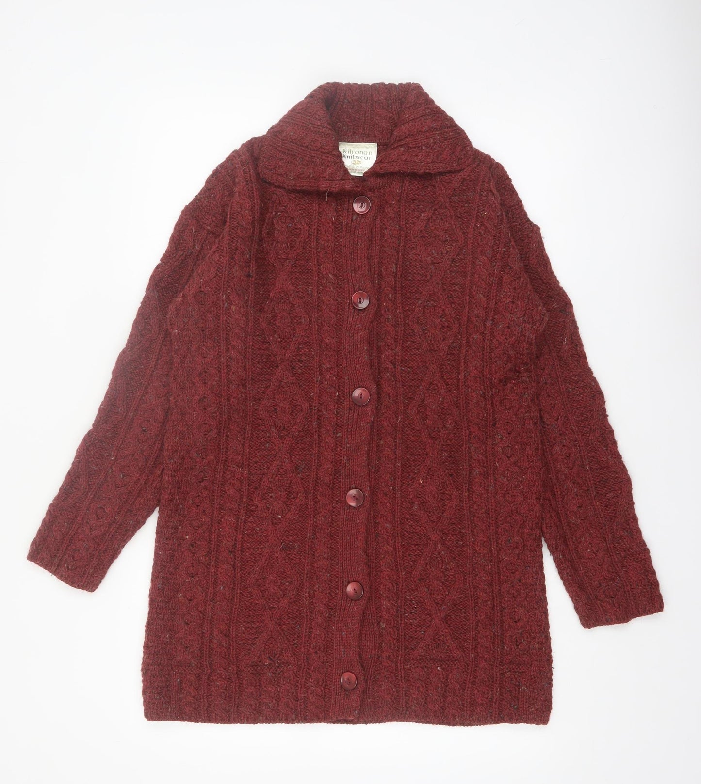 Kilronan Knitwear Women's Red Wool Cable Knit Collared Cardigan S