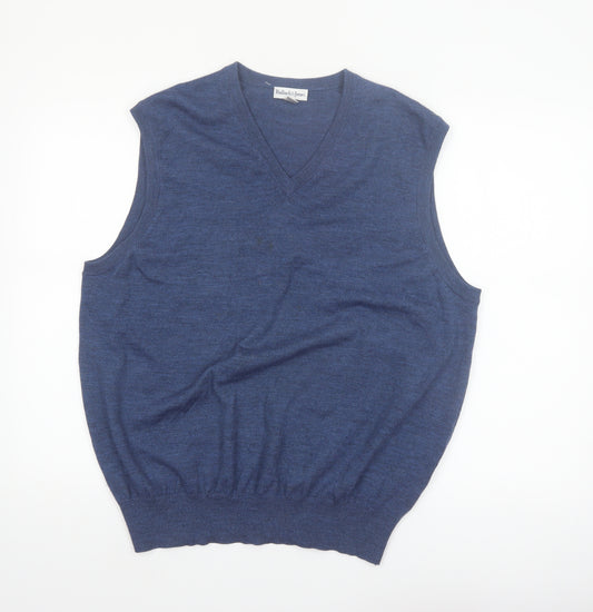 Bullock & Jones Men's Blue Merino Wool V-Neck Sleeveless Vest L