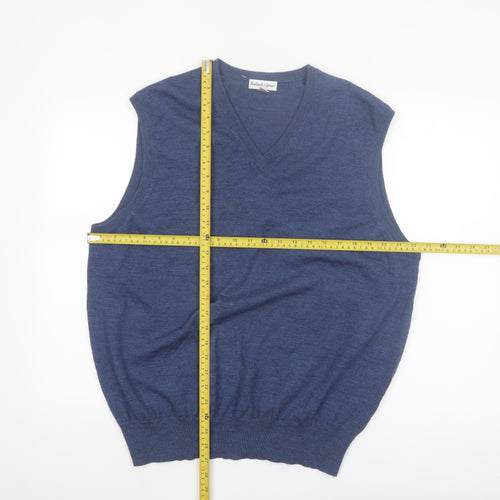 Bullock & Jones Men's Blue Merino Wool V-Neck Sleeveless Vest L
