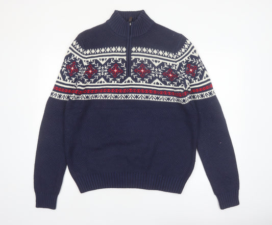 IZOD Men’s Blue Fair Isle 1/4 Zip Knit Jumper Size M
