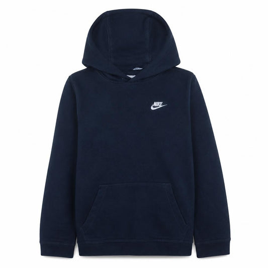Front view of Nike boys’ blue fleece pullover hoodie xl 158-170cm logo hooded sweatshirt