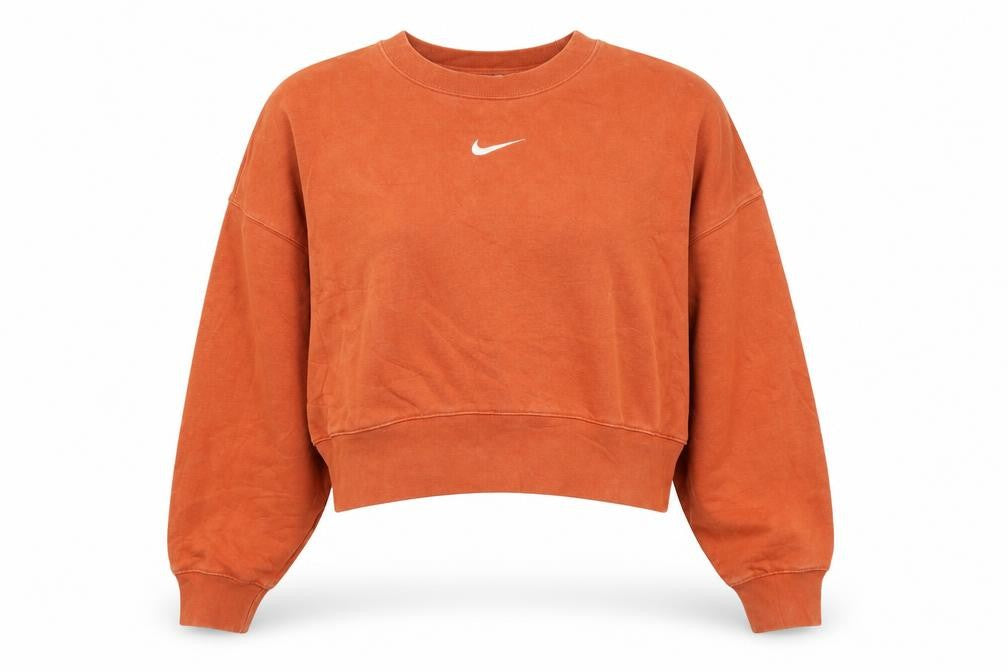 Front view of Nike women’s rust orange crew neck pullover sweatshirt xs