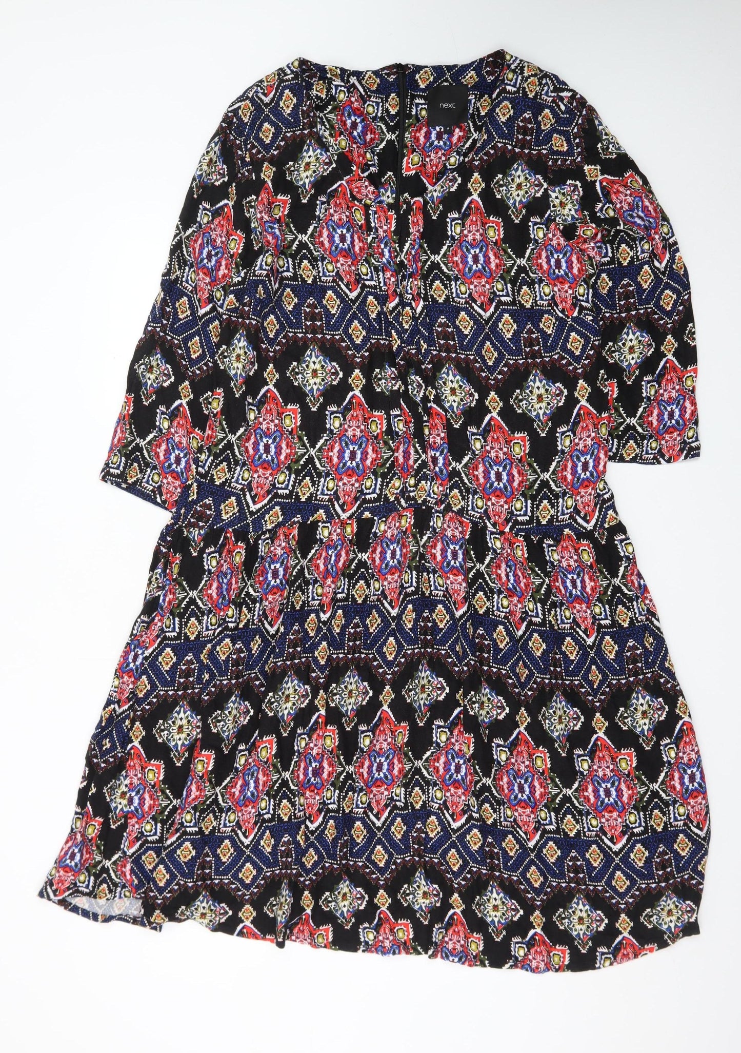 Next Womens Black Multicoloured Viscose Bohemian Knee Length Dress Size 18
