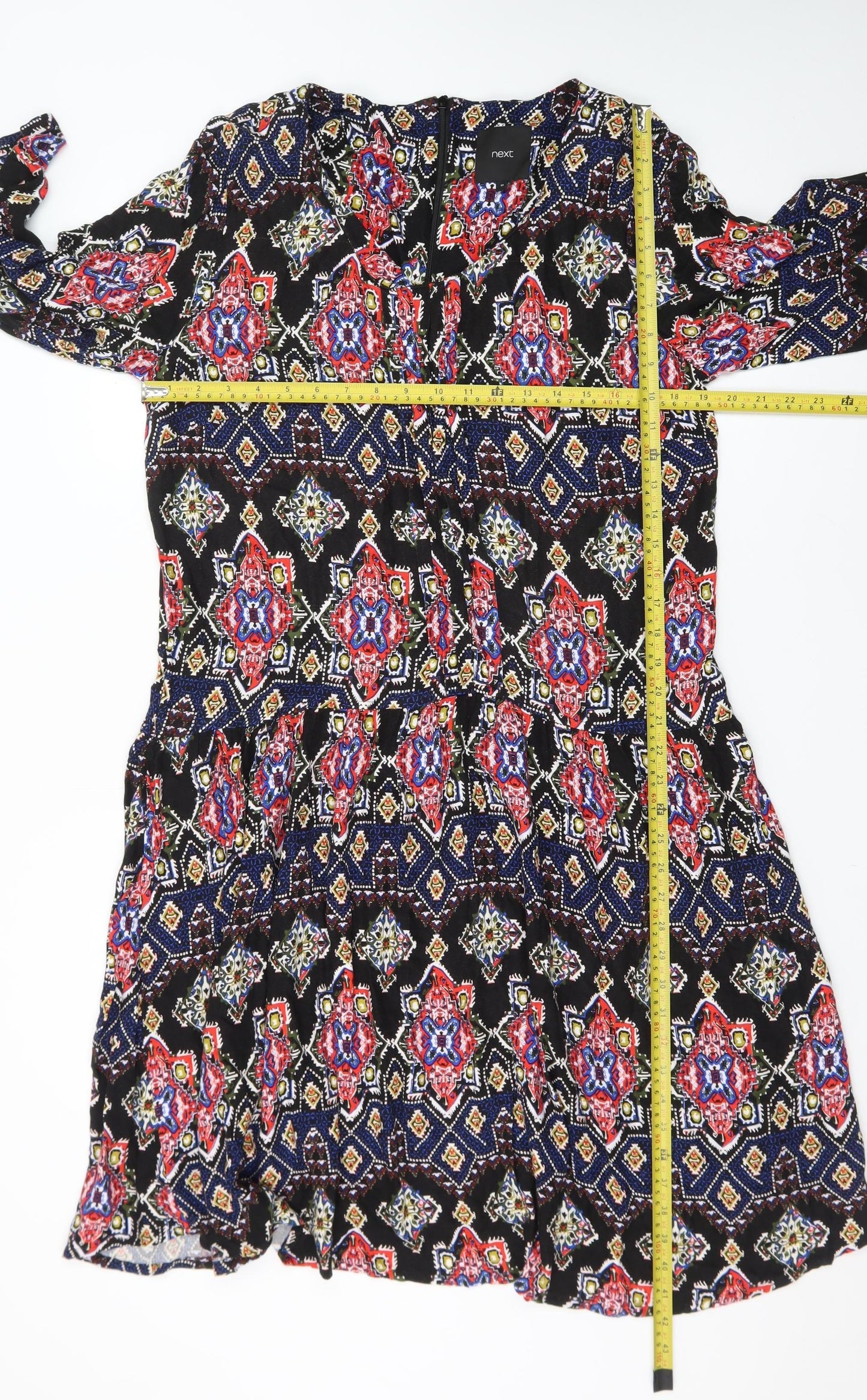 Next Womens Black Multicoloured Viscose Bohemian Knee Length Dress Size 18