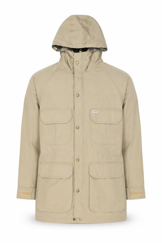 Front view of Glacier Men's Beige Hooded Parka Jacket, size M, Outdoor Lined