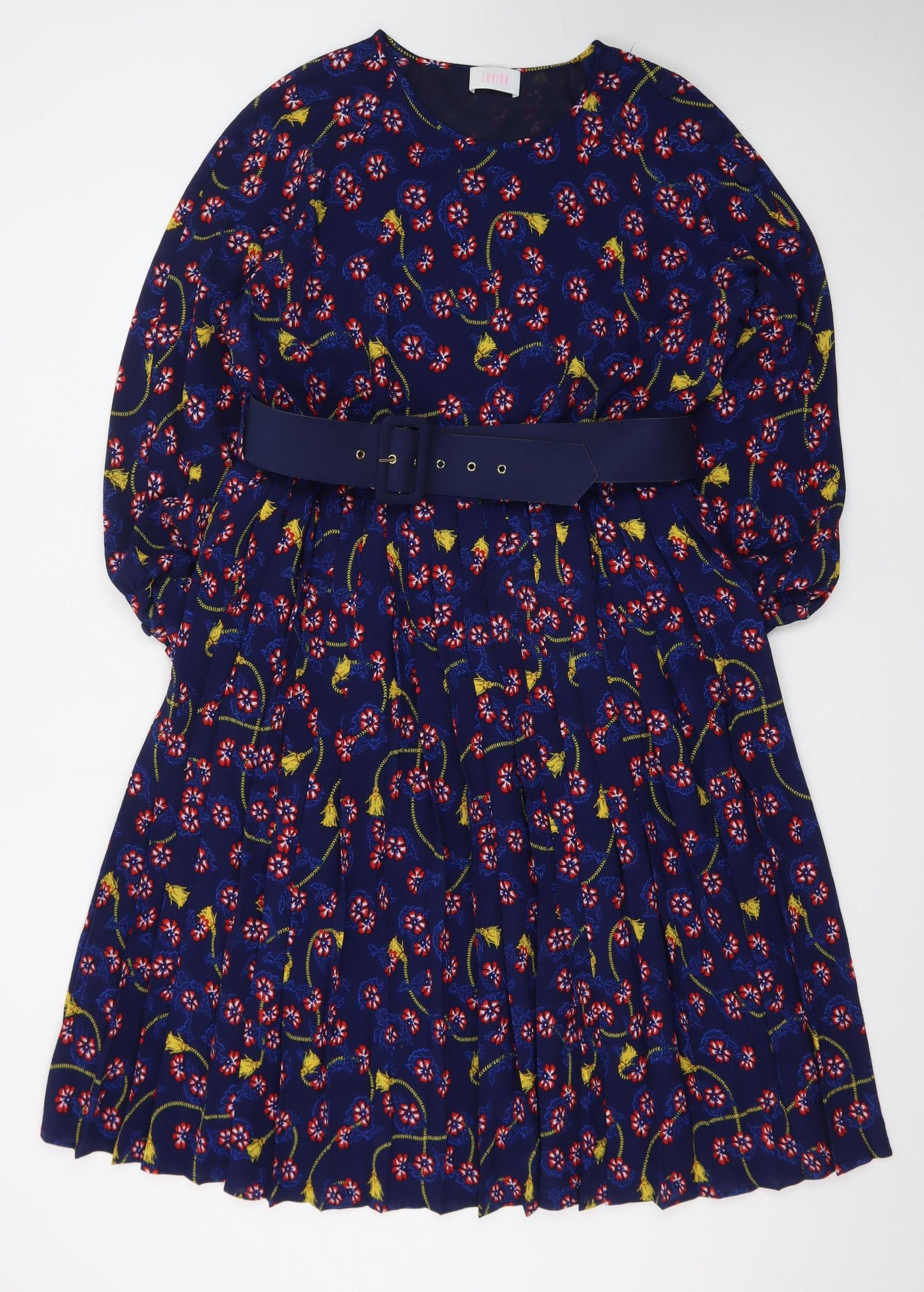 Savida Women's Blue Floral Fit & Flare Belted Dress Size 18