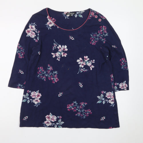 Bonmarché Women's Blue Floral Cotton 3/4 Sleeve T-Shirt Size 16