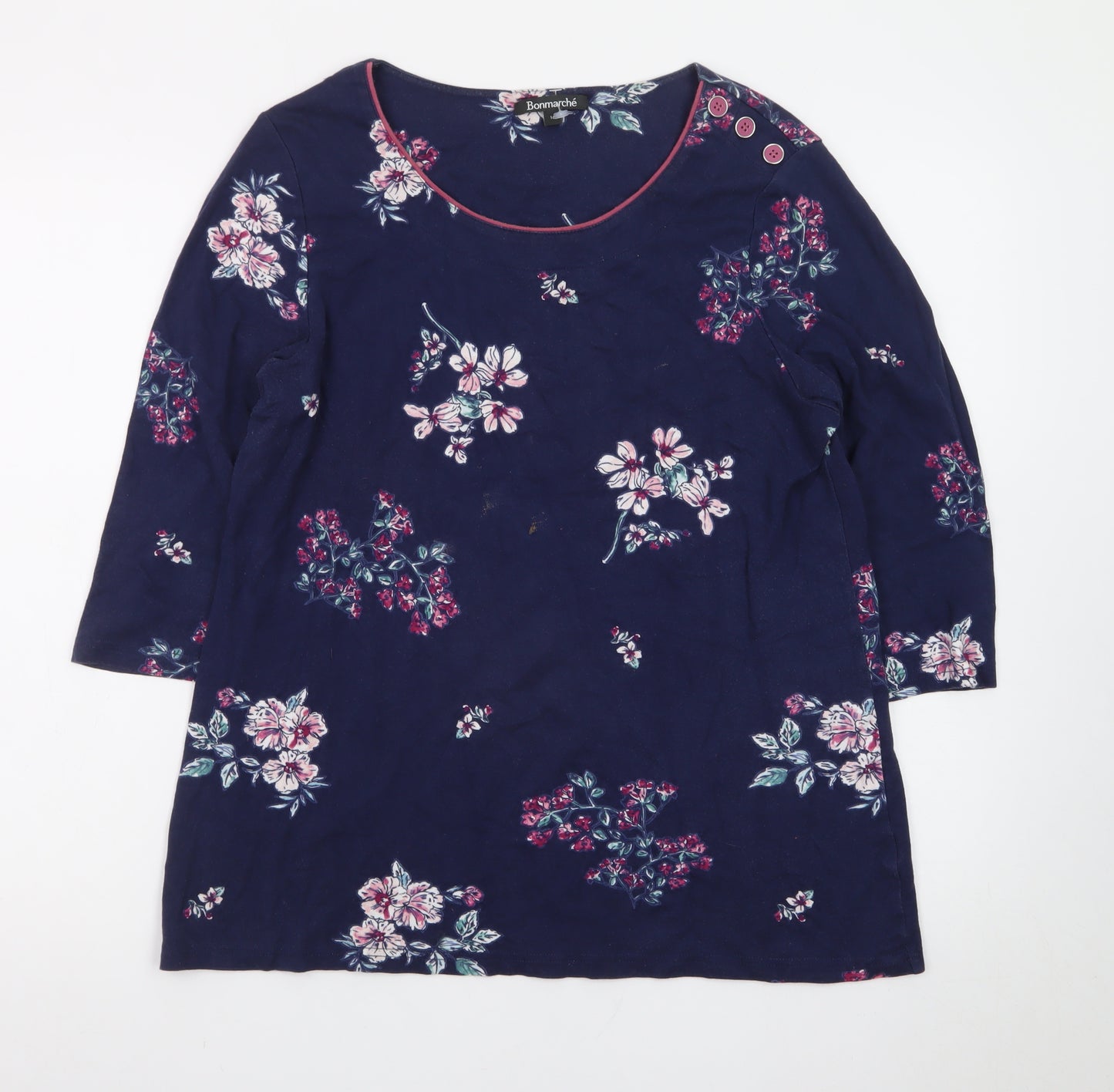 Bonmarché Women's Blue Floral Cotton 3/4 Sleeve T-Shirt Size 16