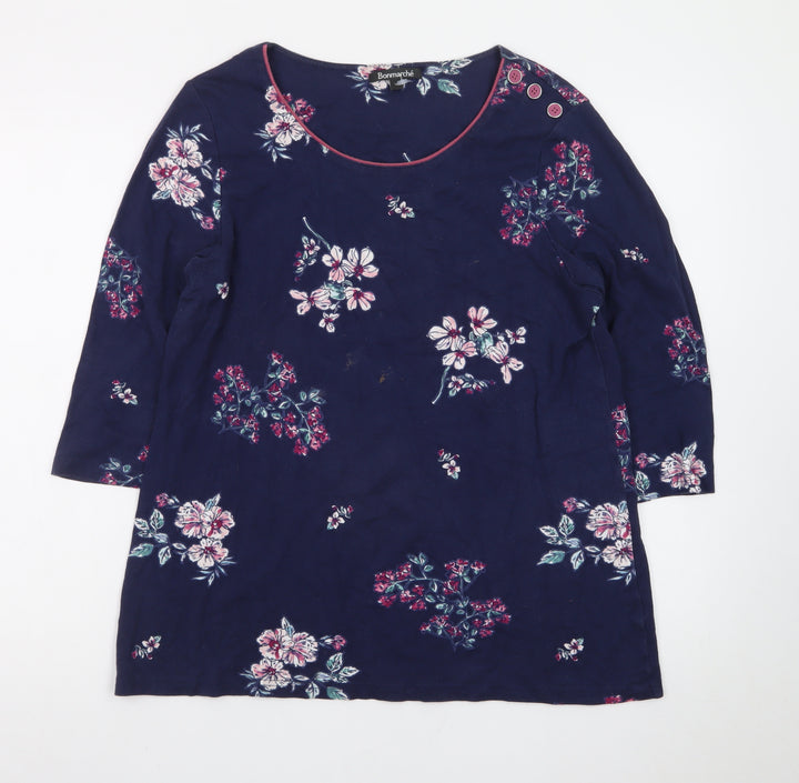 Bonmarché Women's Blue Floral Cotton 3/4 Sleeve T-Shirt Size 16