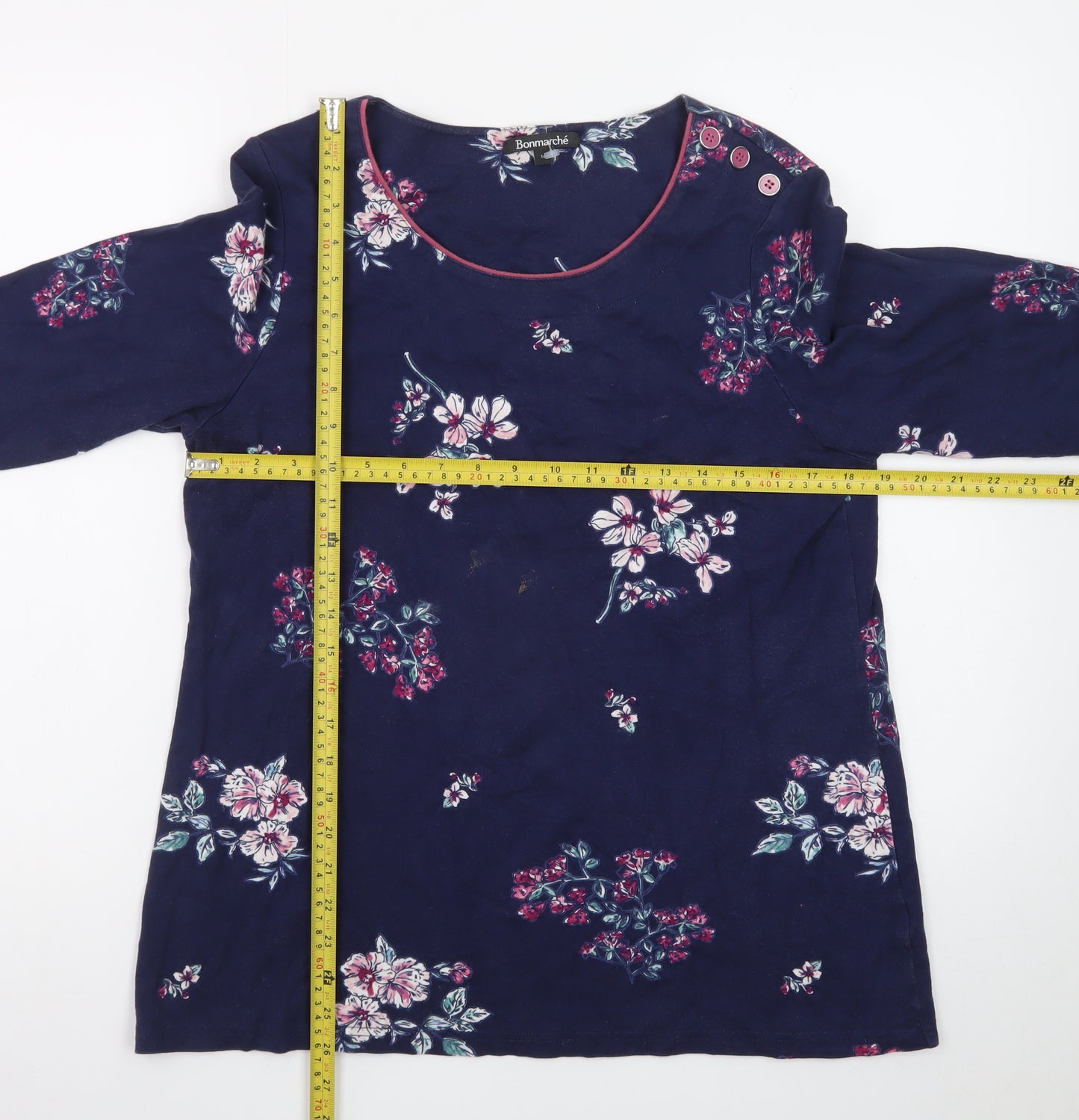 Bonmarché Women's Blue Floral Cotton 3/4 Sleeve T-Shirt Size 16
