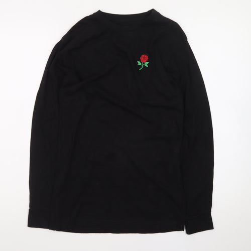 Eight Men's Black Long Sleeve Rose Embroidered Cotton T-Shirt Size S