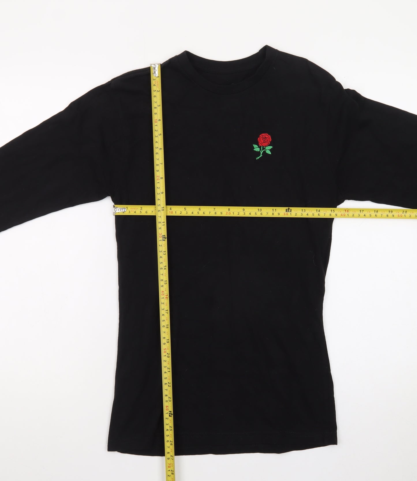 Eight Men's Black Long Sleeve Rose Embroidered Cotton T-Shirt Size S