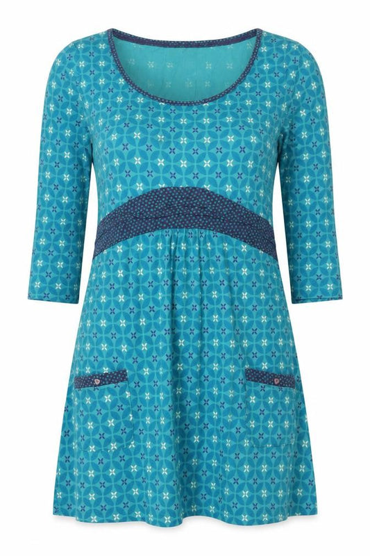 Front view of Mudd & Water Women’s Blue Geometric A-Line Cotton Dress, size UK 12